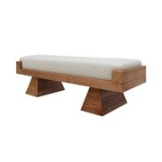 Brutalist Style Bench with Solid Oak Pyramid Bases and Ivory Bouclé Upholstery