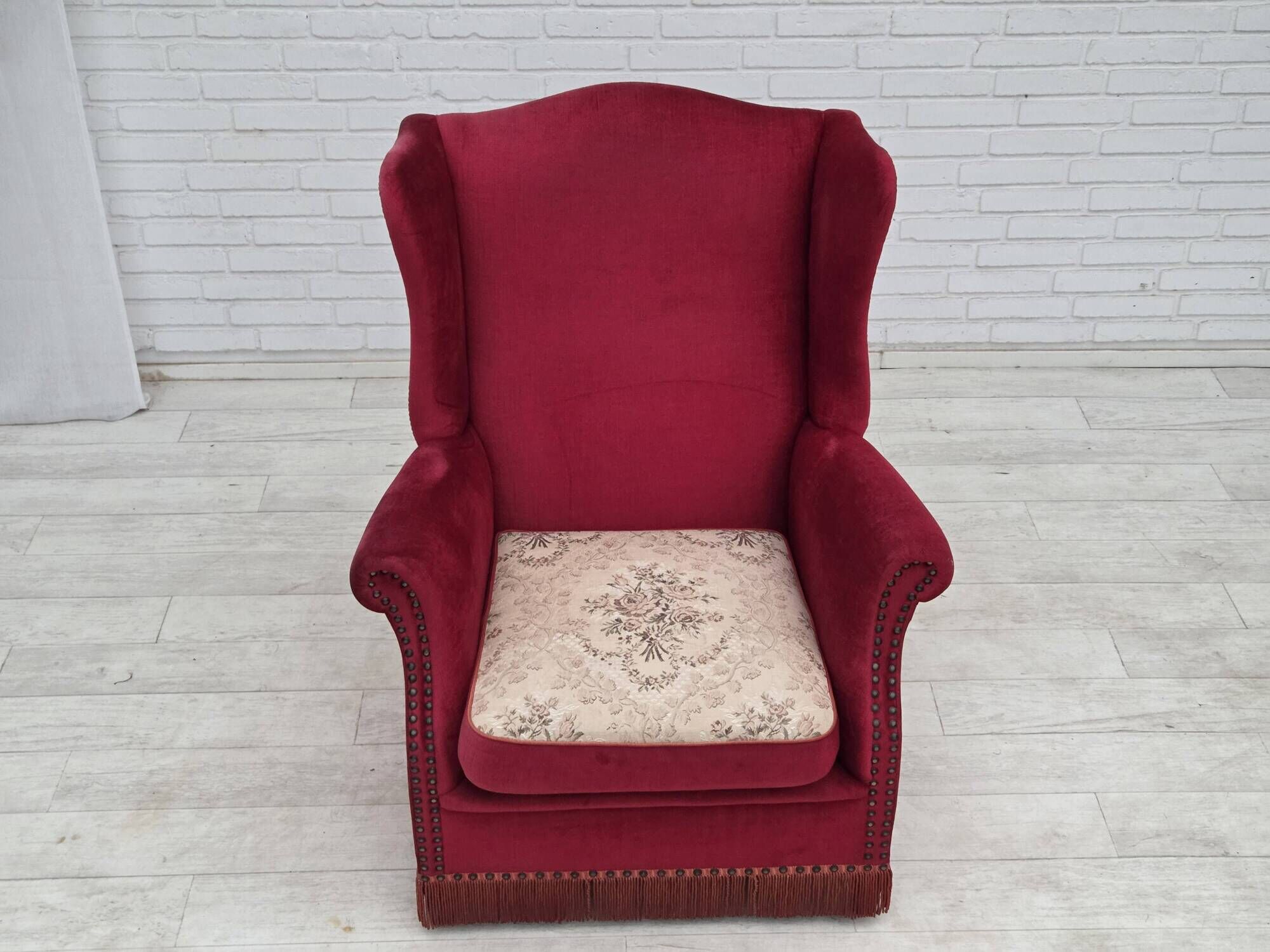 1970s, Danish highback armchair, furniture velour, ash wood legs.
