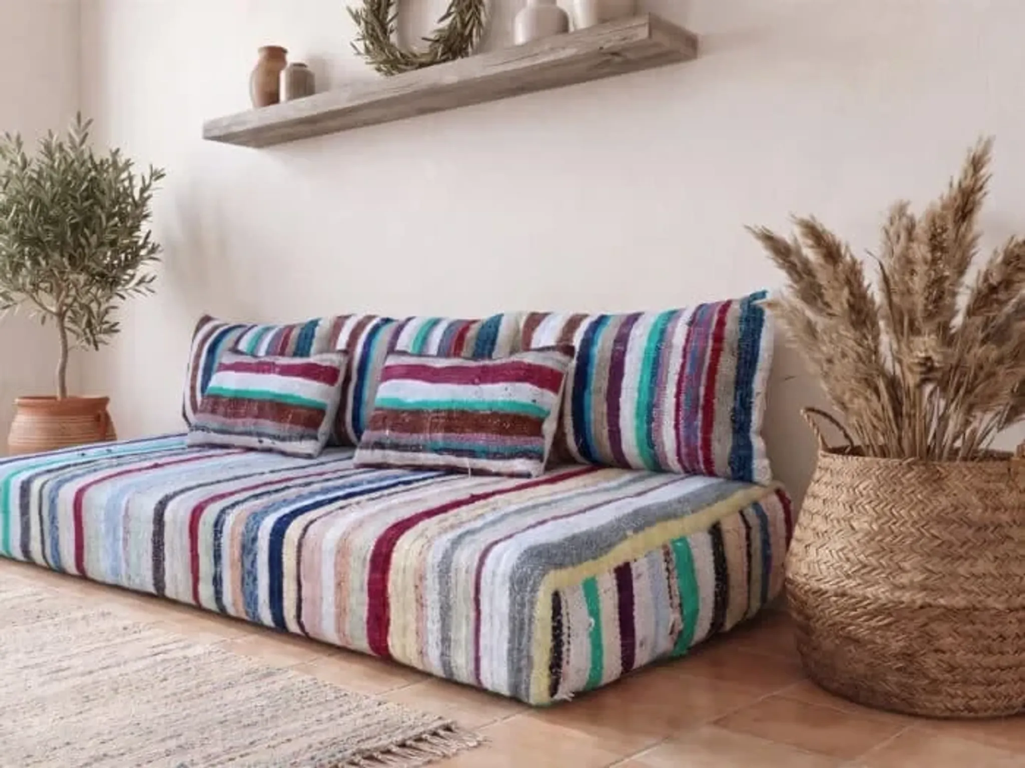 Pastel striped floor cushion, handwoven recycled cotton boucherouite.