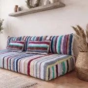Pastel striped floor cushion, handwoven recycled cotton boucherouite.