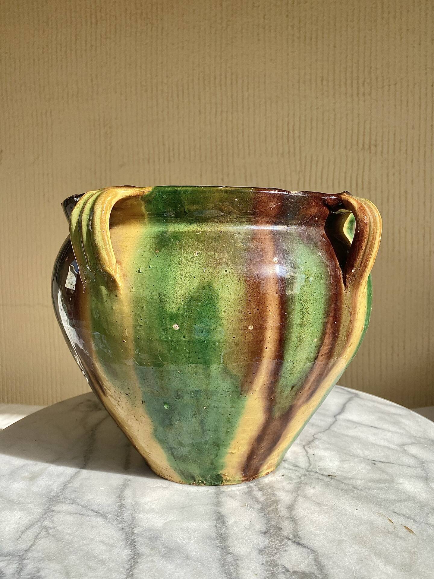 Ancient glazed terracotta pot from the 19th century, south-west France.
