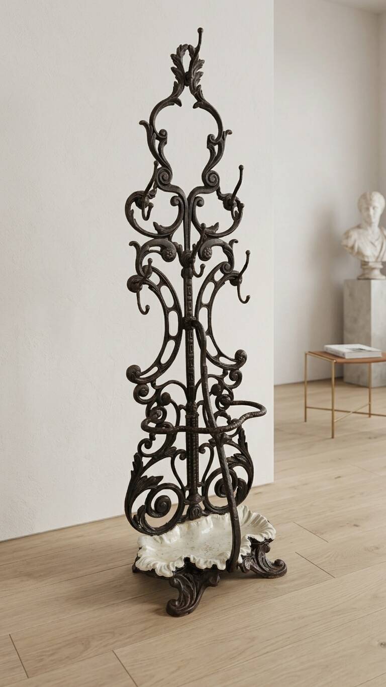 Antique cast iron hall stand, Victorian coat rack with marble base, ornate hall tree, 19th century