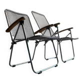 Set of two vintage folding chairs with an aluminium wire frame.