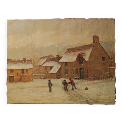 Enfants jouant dans la neige, huile sur toile, signée, vers 1900