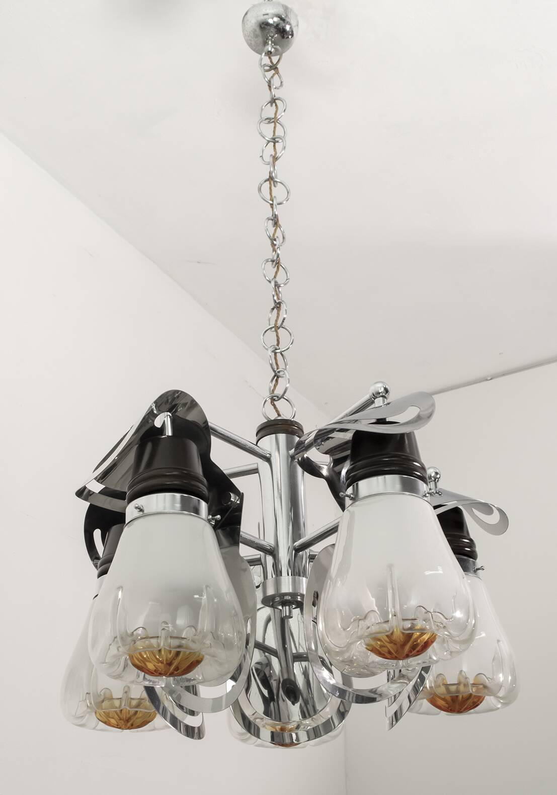 Mazzega Mid-Century Modern Italian Murano Glass and Steel Chandelier, 1970s