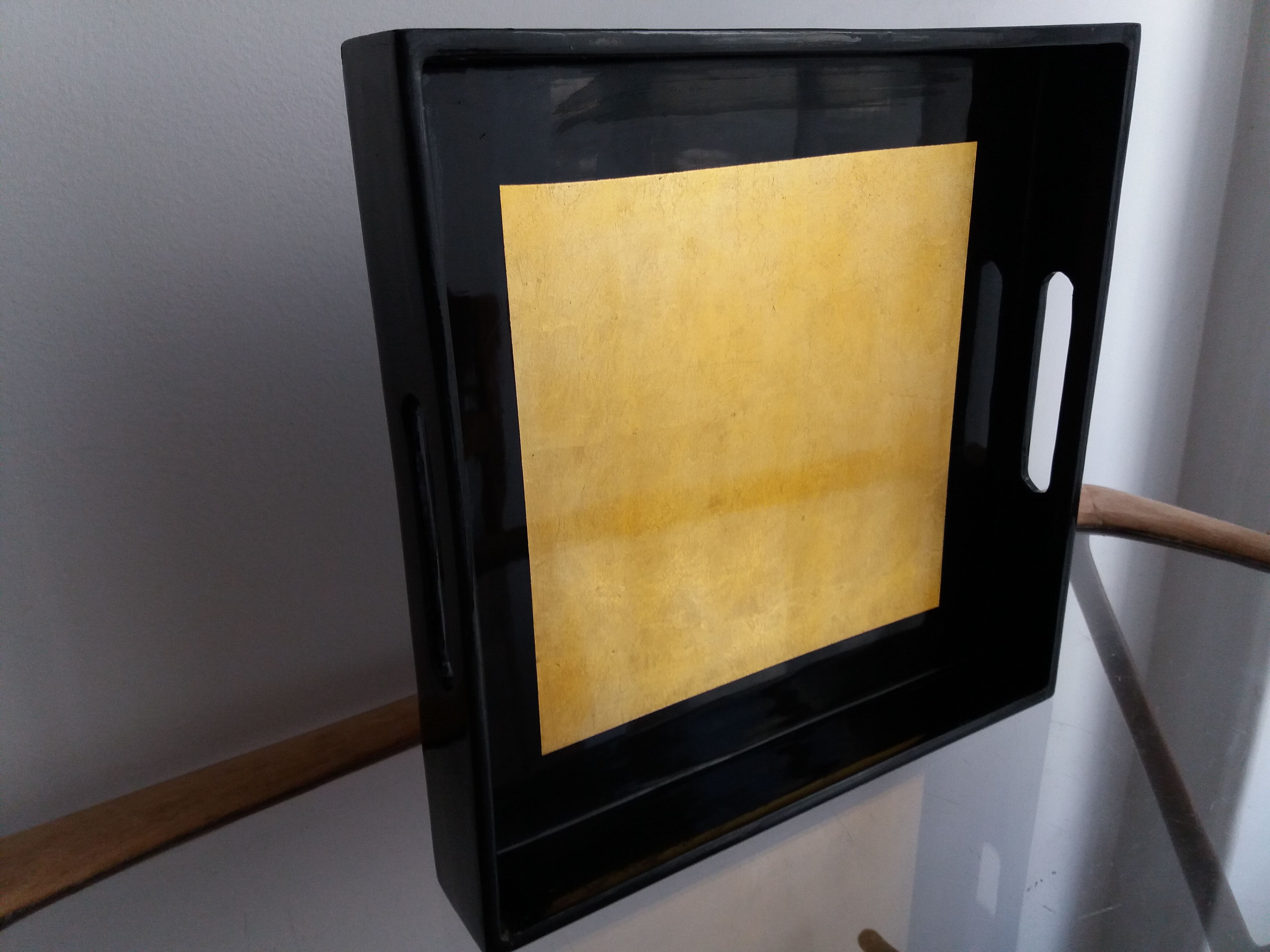 Japanese black lacquered wooden tray decorated with aze gold leaf