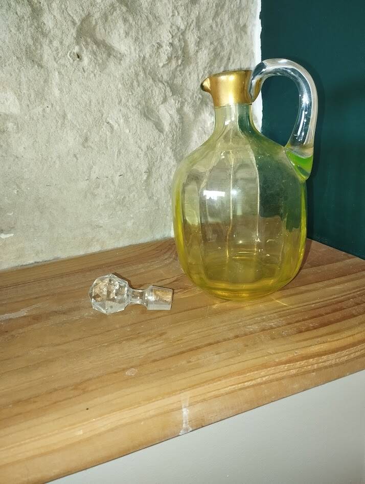 Vintage carafe in fluorine, signed 1930s–40s.