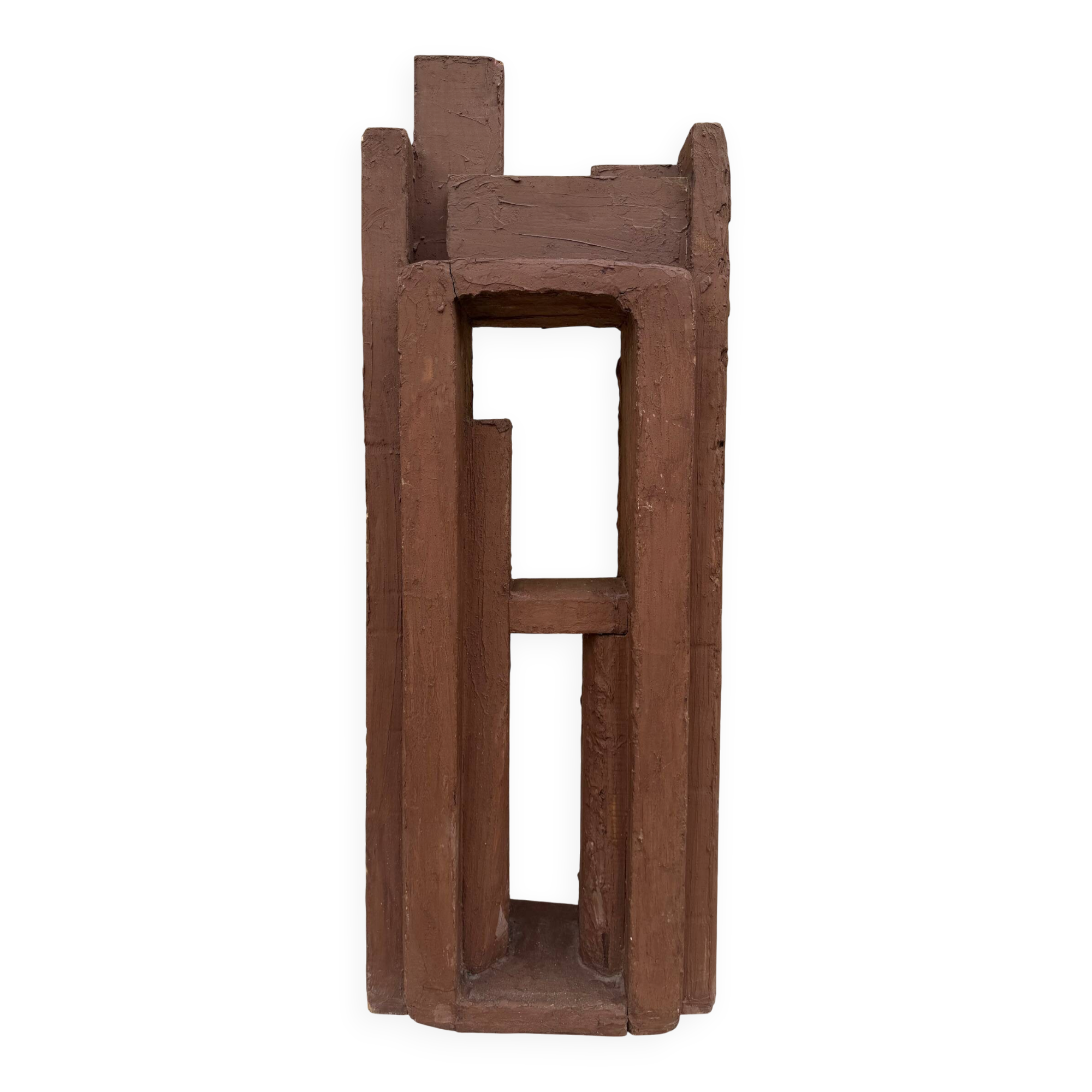 Superb postmodern brutalist sculpture in wood, metal, and material.