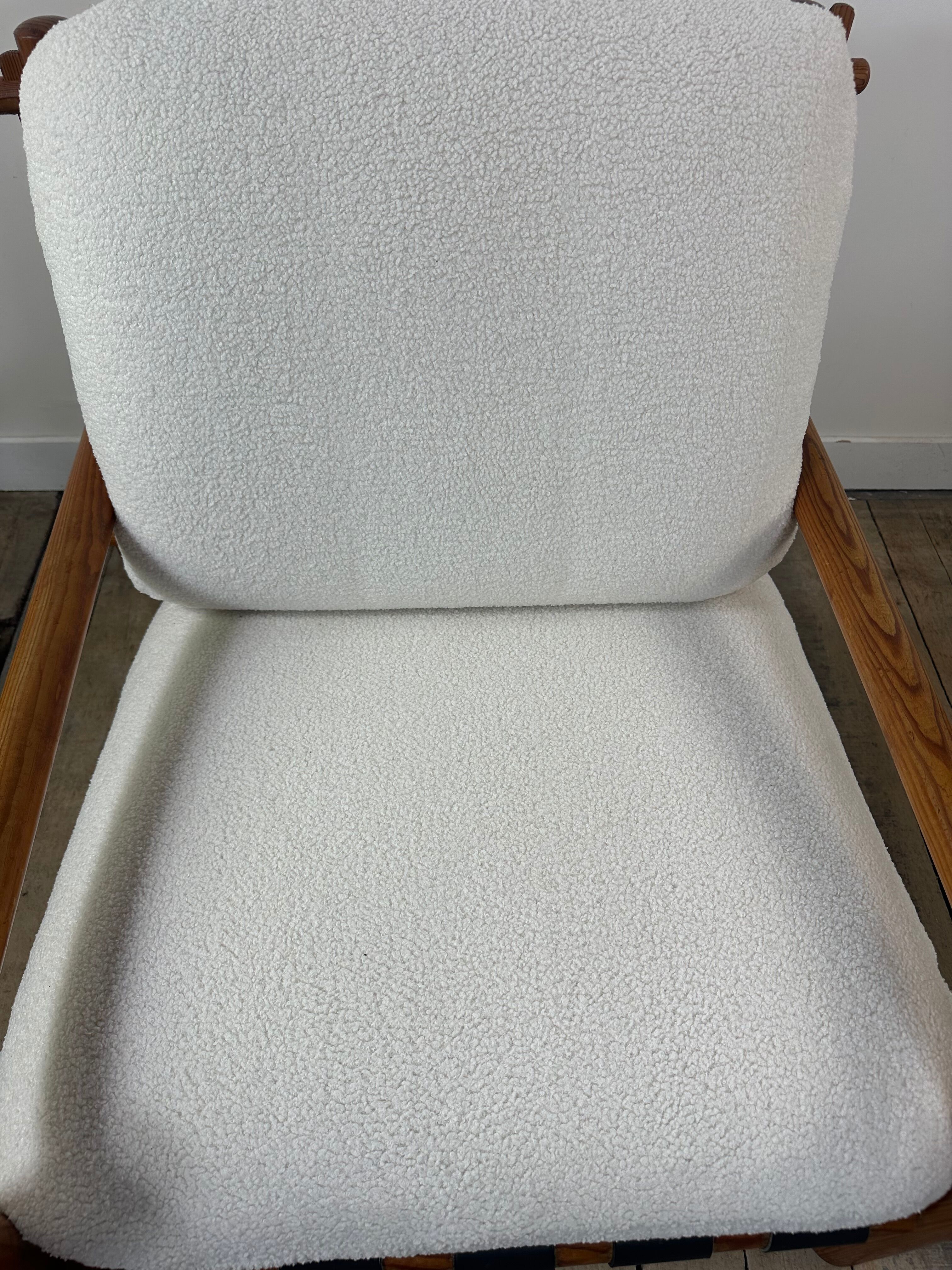 Vintage Lounge Armchair Solid Pine 1970 Boucle Fabric Ecru
