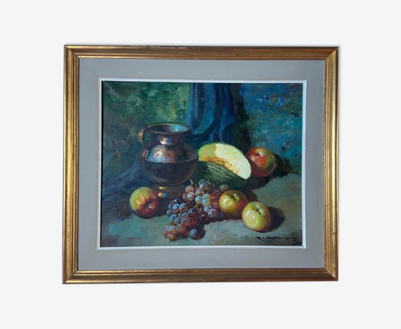 Huile sur toile r signature à identifier nature morte aux fruits 1950