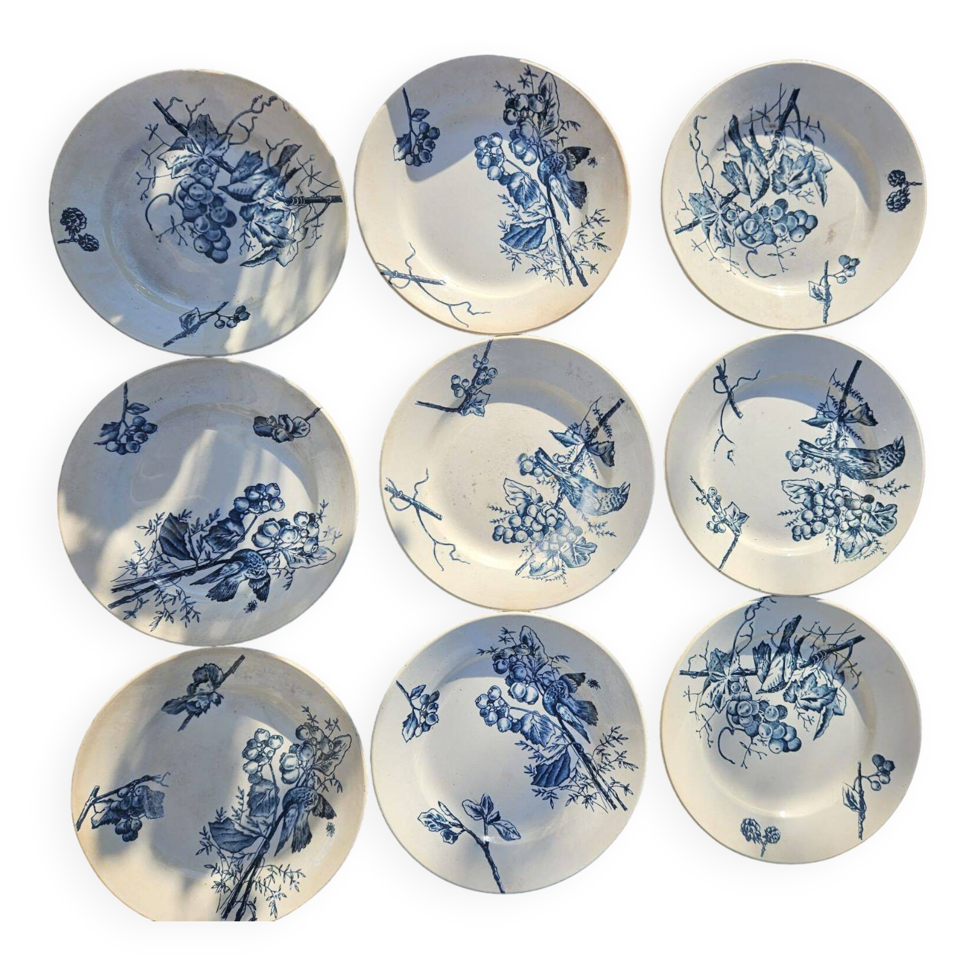 Antique 19th century plate, Terre de Fuego, blue with bird motif