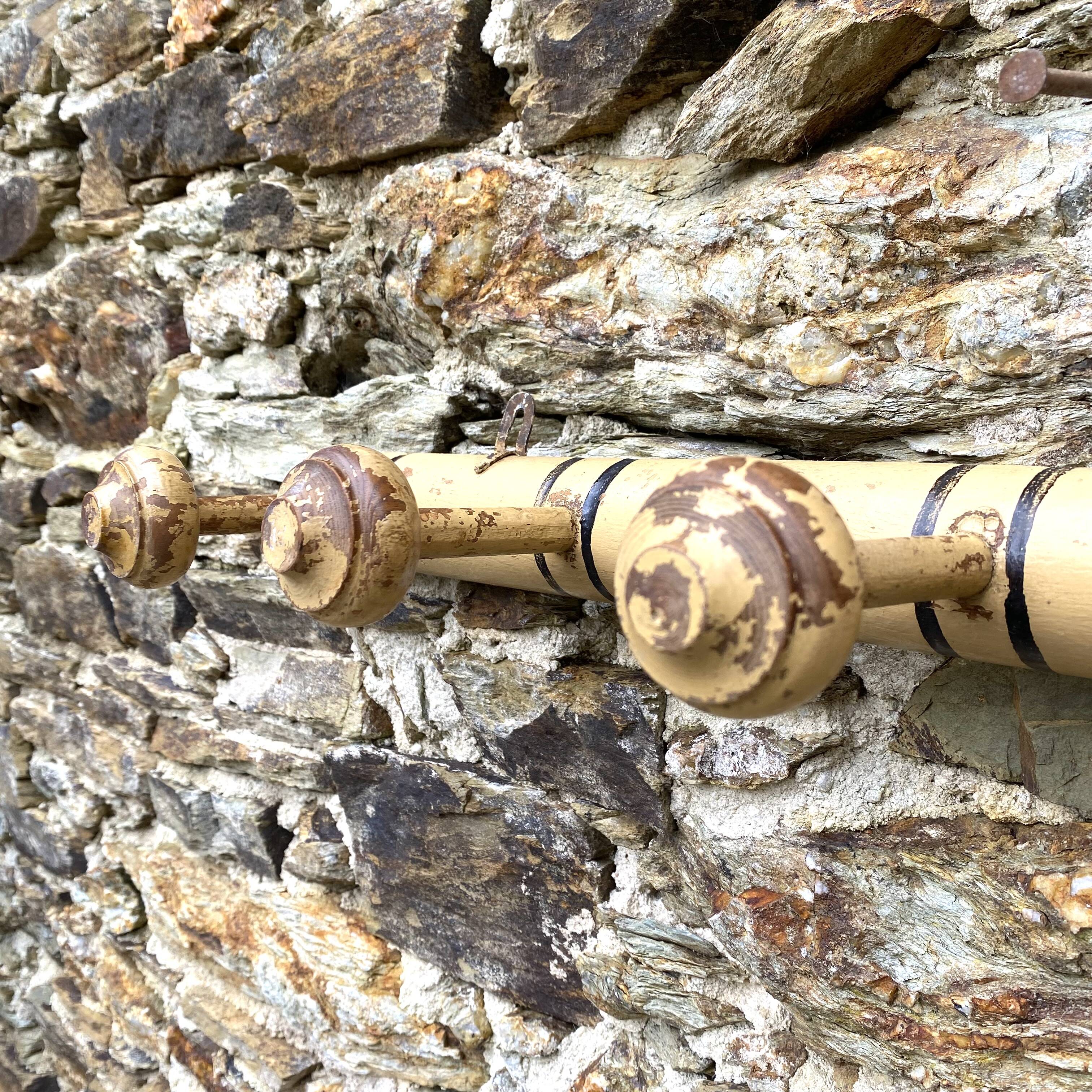 Antique wooden wall coat rack with 6 hooks, 1900