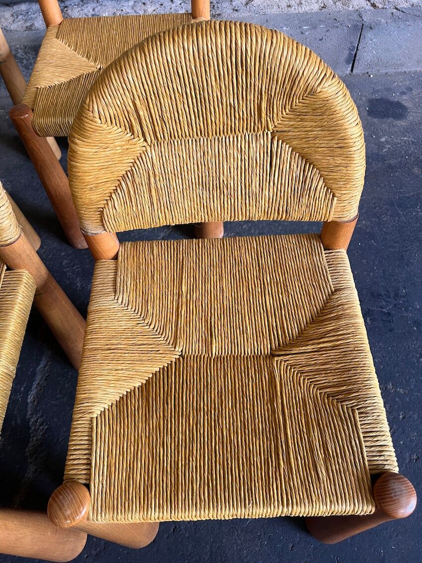 4 Toscanolla chairs in wicker and solid pine by alessandro becchi for giovanetti - italy - 1970