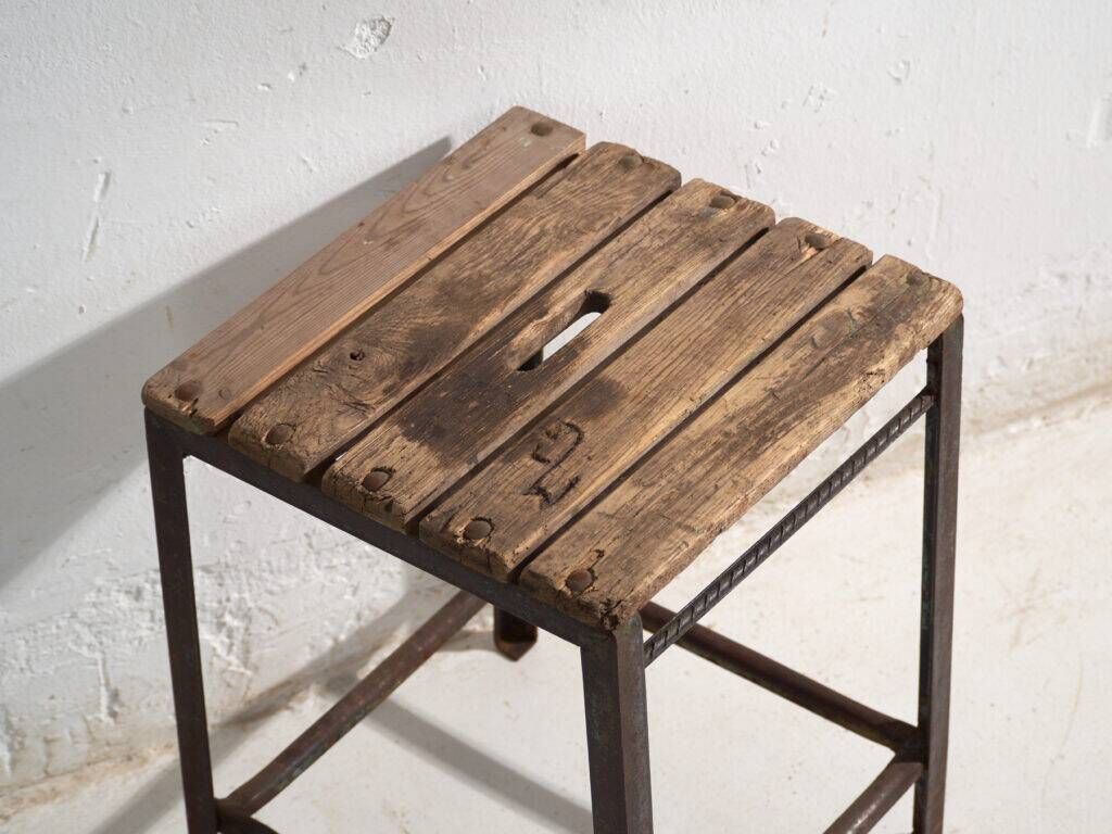 Vintage industrial stool made of pine wood and iron – Central Europe, around 1950