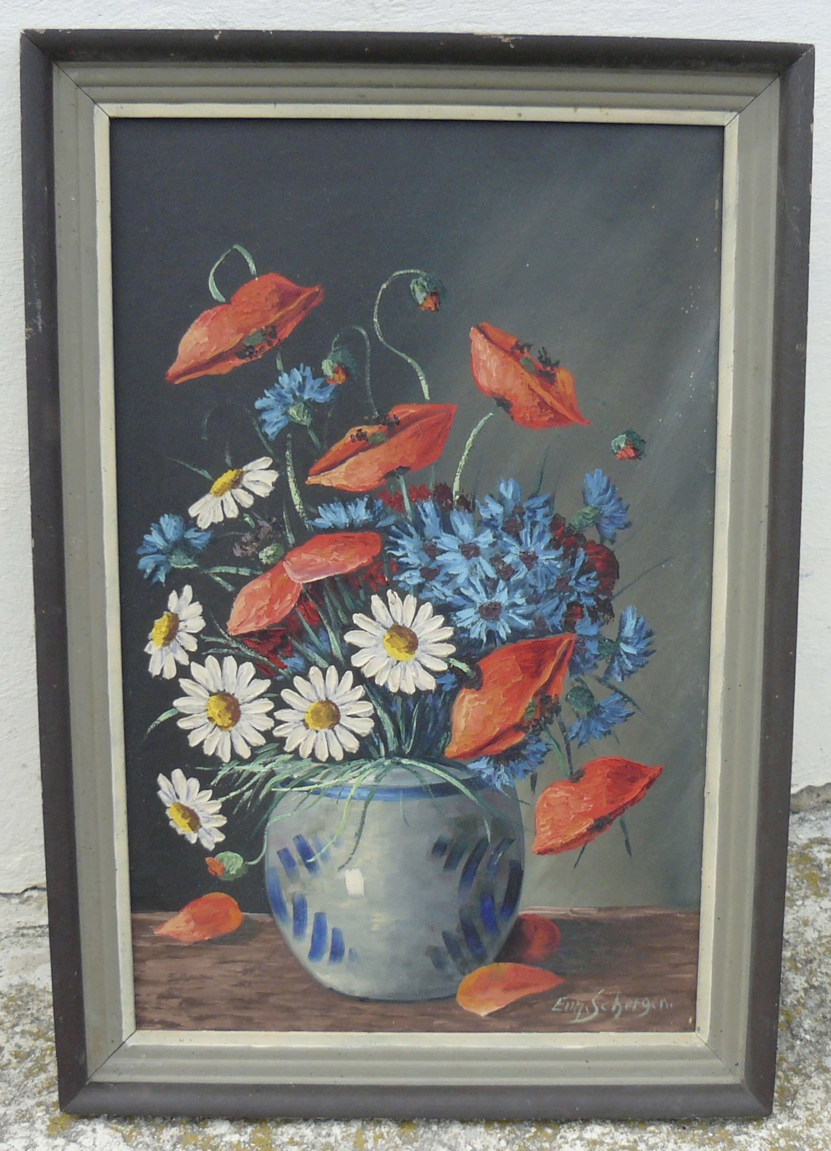 Painting by Eugène SCHERGEN still life with poppies tricolor flowers vintage 1960