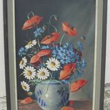 Painting by Eugène SCHERGEN still life with poppies tricolor flowers vintage 1960