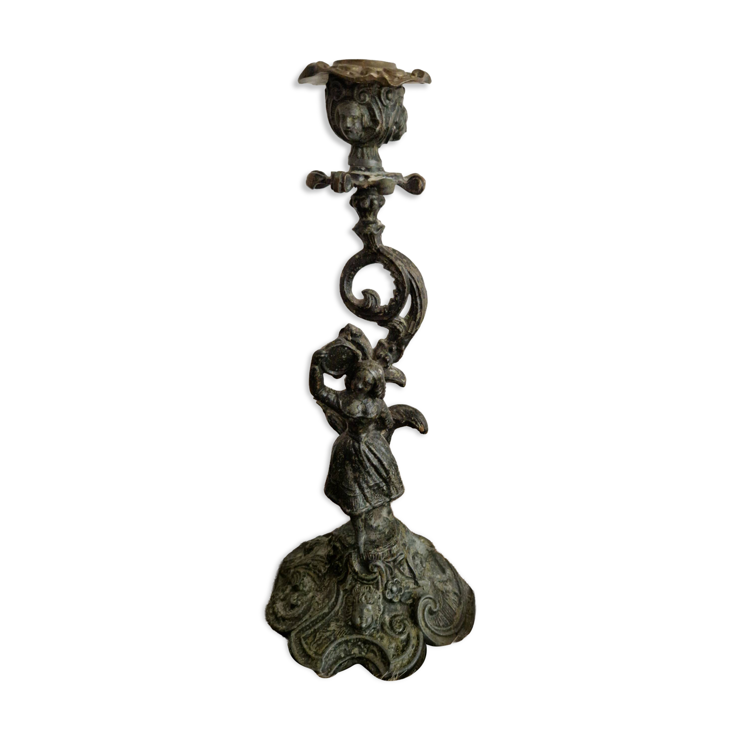 Ornamental candlestick in patinated bronze – Louis XV Rococo style – 19th century