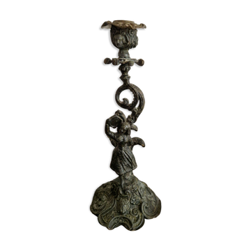 Ornamental candlestick in patinated bronze – Louis XV Rococo style – 19th century