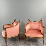Paire de fauteuils bergères de style Louis XVI en bois sculpté, velours, XX