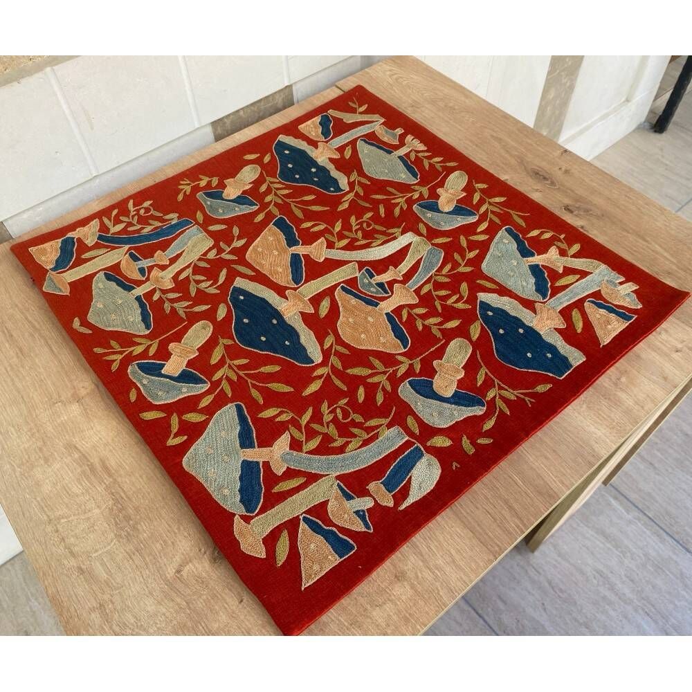 Silk Embroidered Mushroom Pattern Cushion Cover. Red Suzani Throw Pillow Case. Traditional Accent Pillow