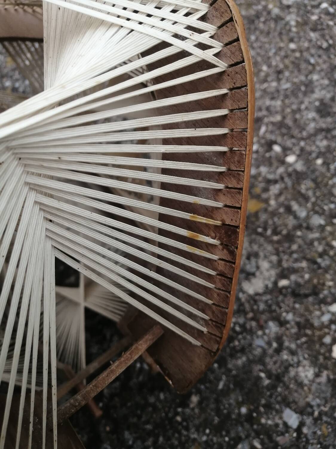 Pair of vintage wooden and rattan straw pendant lights.