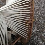 Pair of vintage wooden and rattan straw pendant lights.