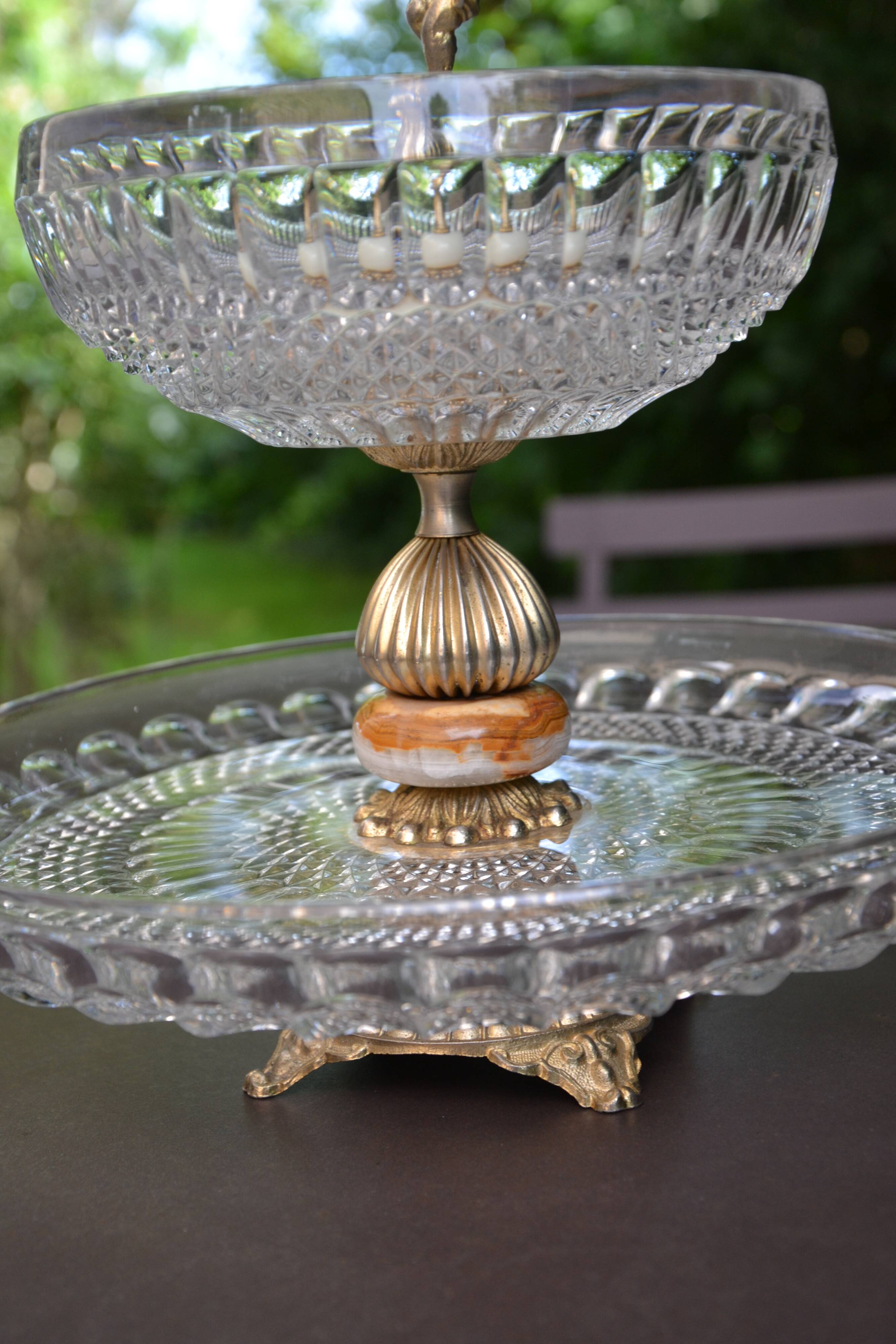 Présentoir, serviteur en cristal, onyx et bronze