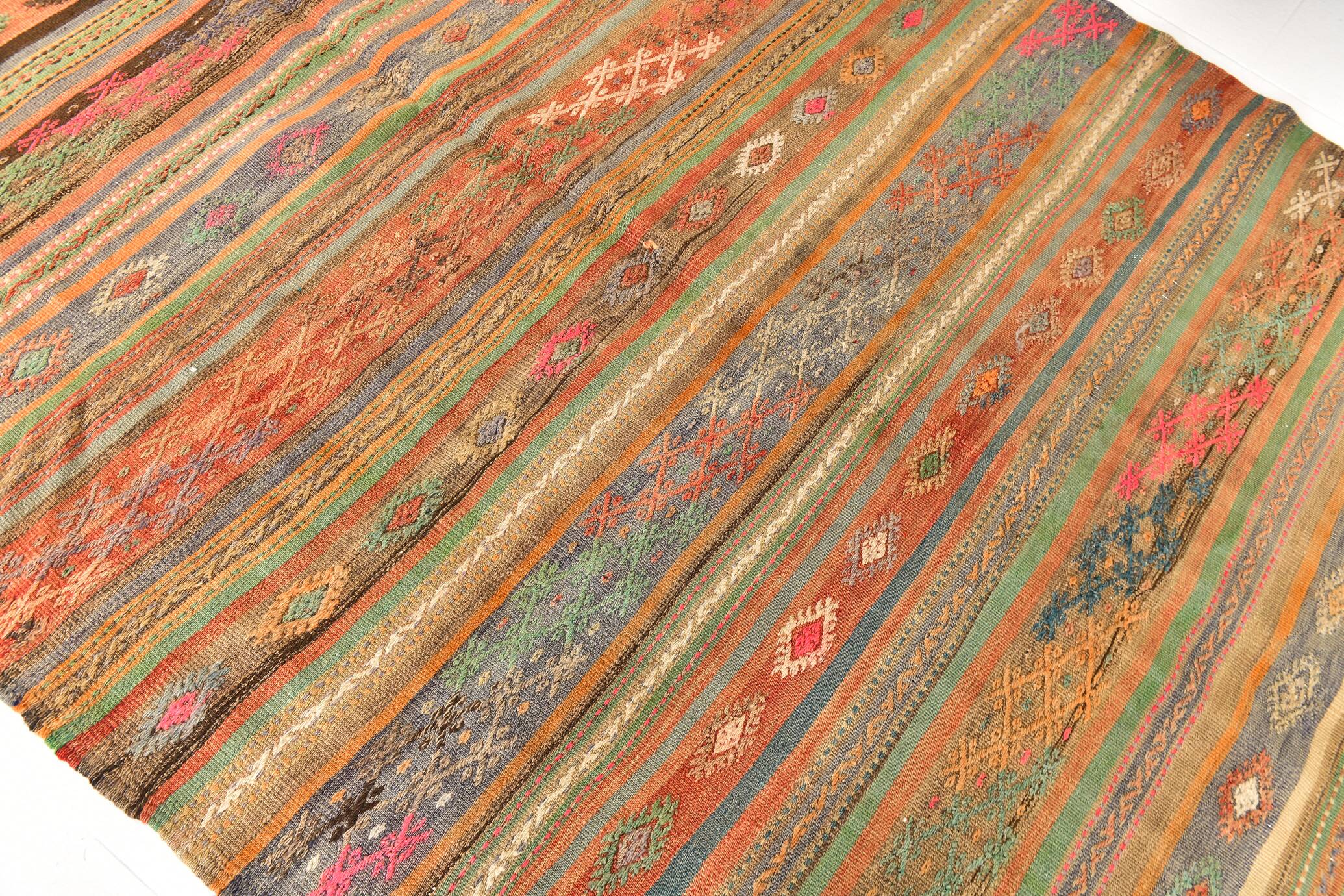 Red & Green Pinstriped Turkish Kilim Rug, 155x250Cm