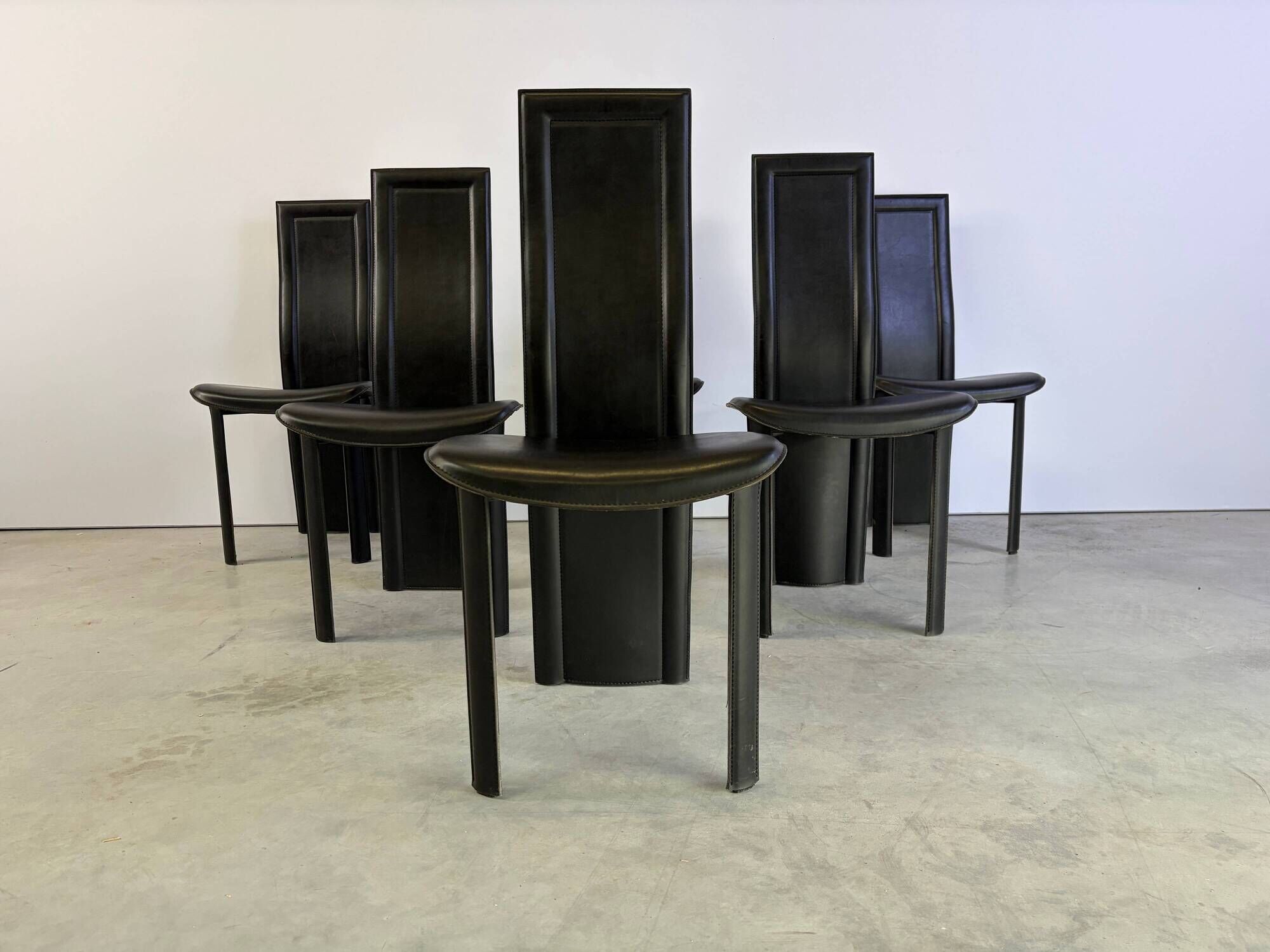 Vintage black leather dining chairs, set of 6, 1980s