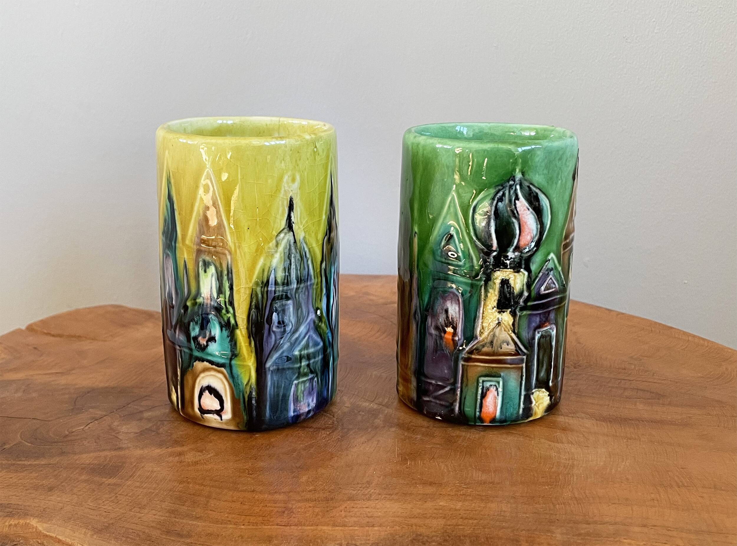 Paire de vases en céramique modernistes elio schiavon, paysage urbain sur les toits d’horizon, poterie italienne des années 1960