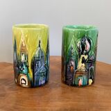 Pair of elio schiavon modernist ceramic vases, skyline rooftops cityscape, 1960s Italian pottery