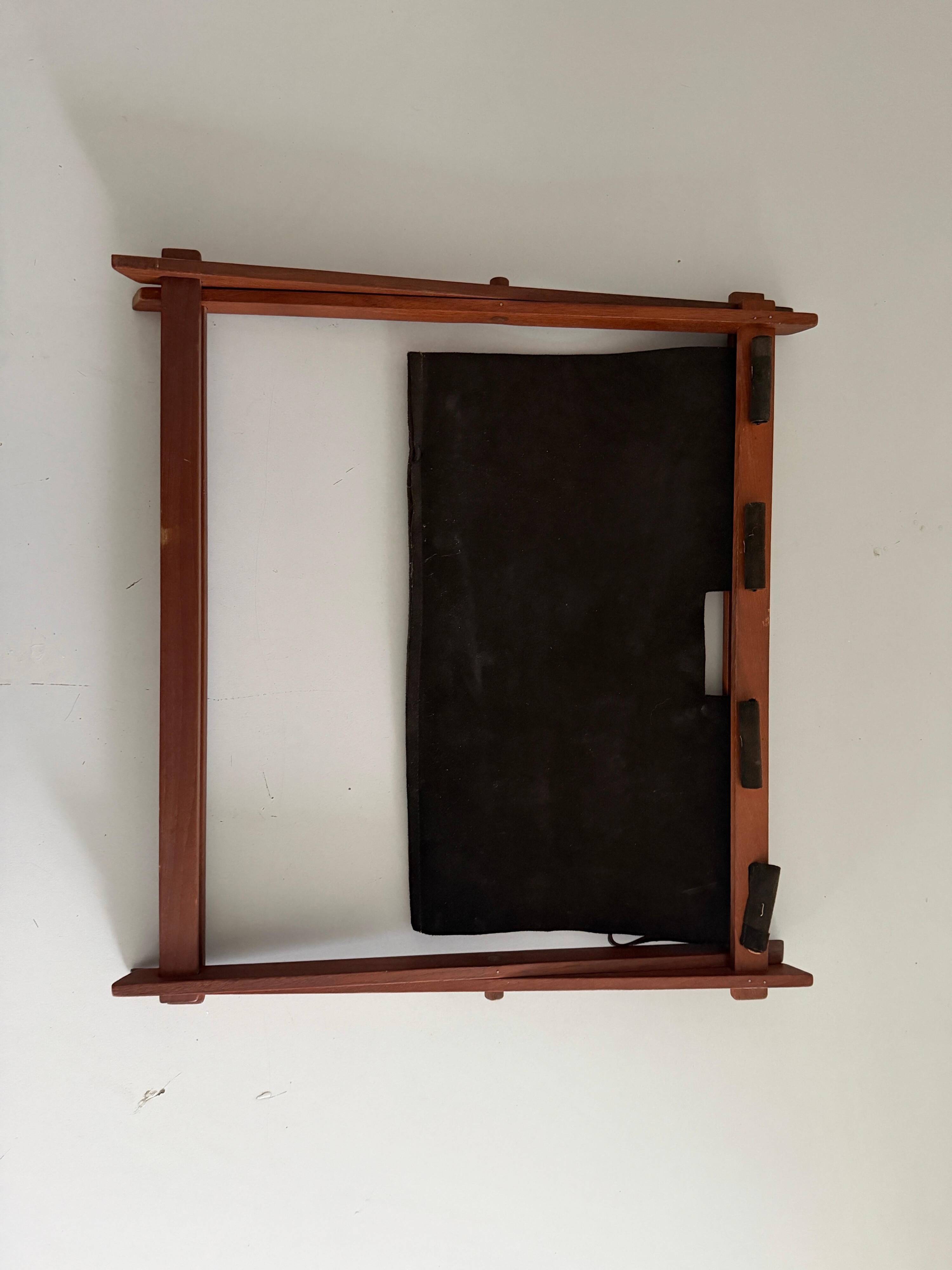 Support stand for mid-century teak and suede magazines and newspapers, 1960, Germany.