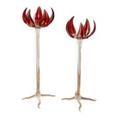 Paire de bougeoirs fleurs en verre rouge et transparent – 24 et 22 cm