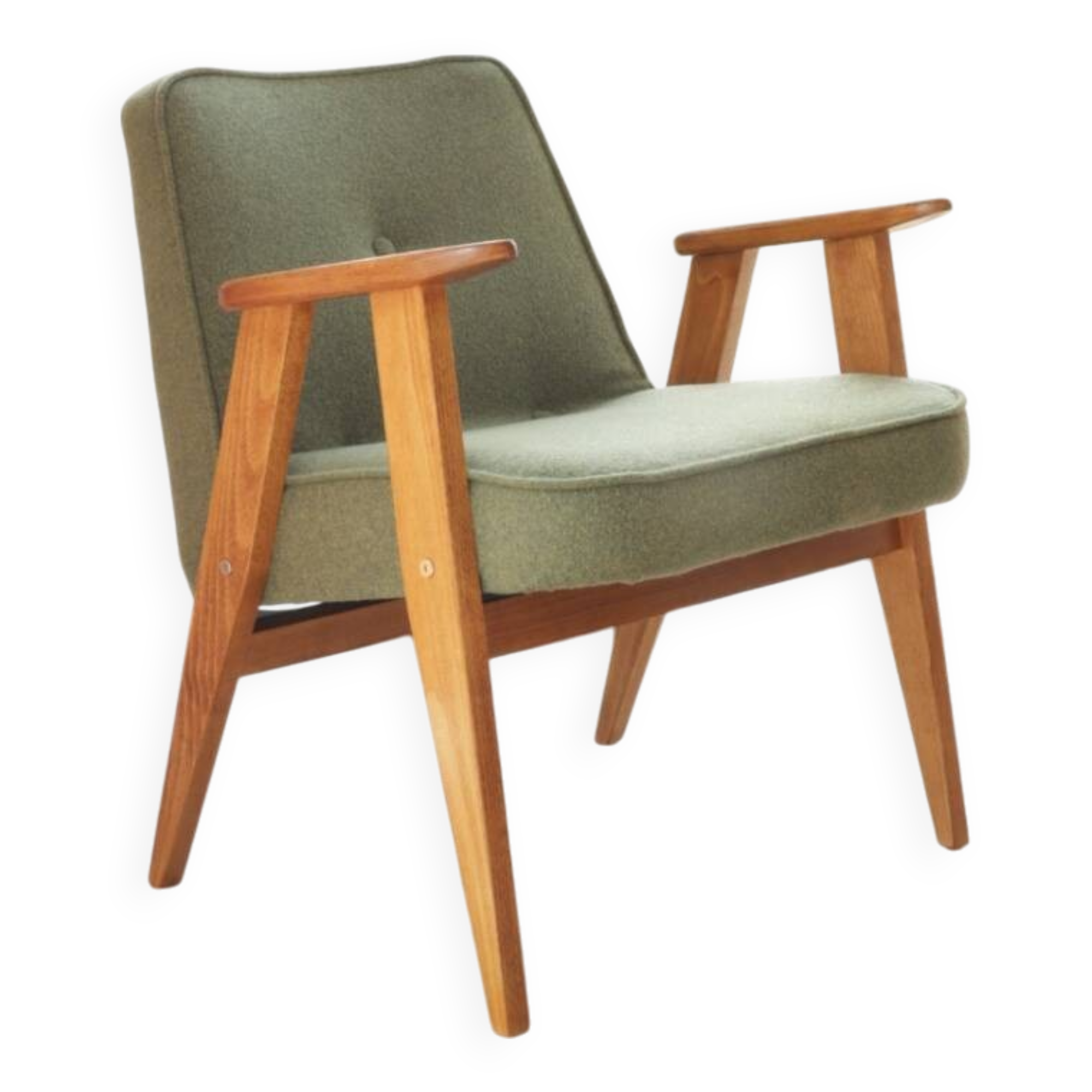 Vintage olive green bouclé armchair model 366