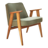 Fauteuil vintage vert l'olive bouclé model 366