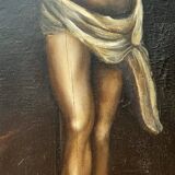 Beautiful religious work from the 17th century, oil on panel representing Christ on his cross with Mary Magdalene at his feet