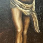 Beautiful religious work from the 17th century, oil on panel representing Christ on his cross with Mary Magdalene at his feet