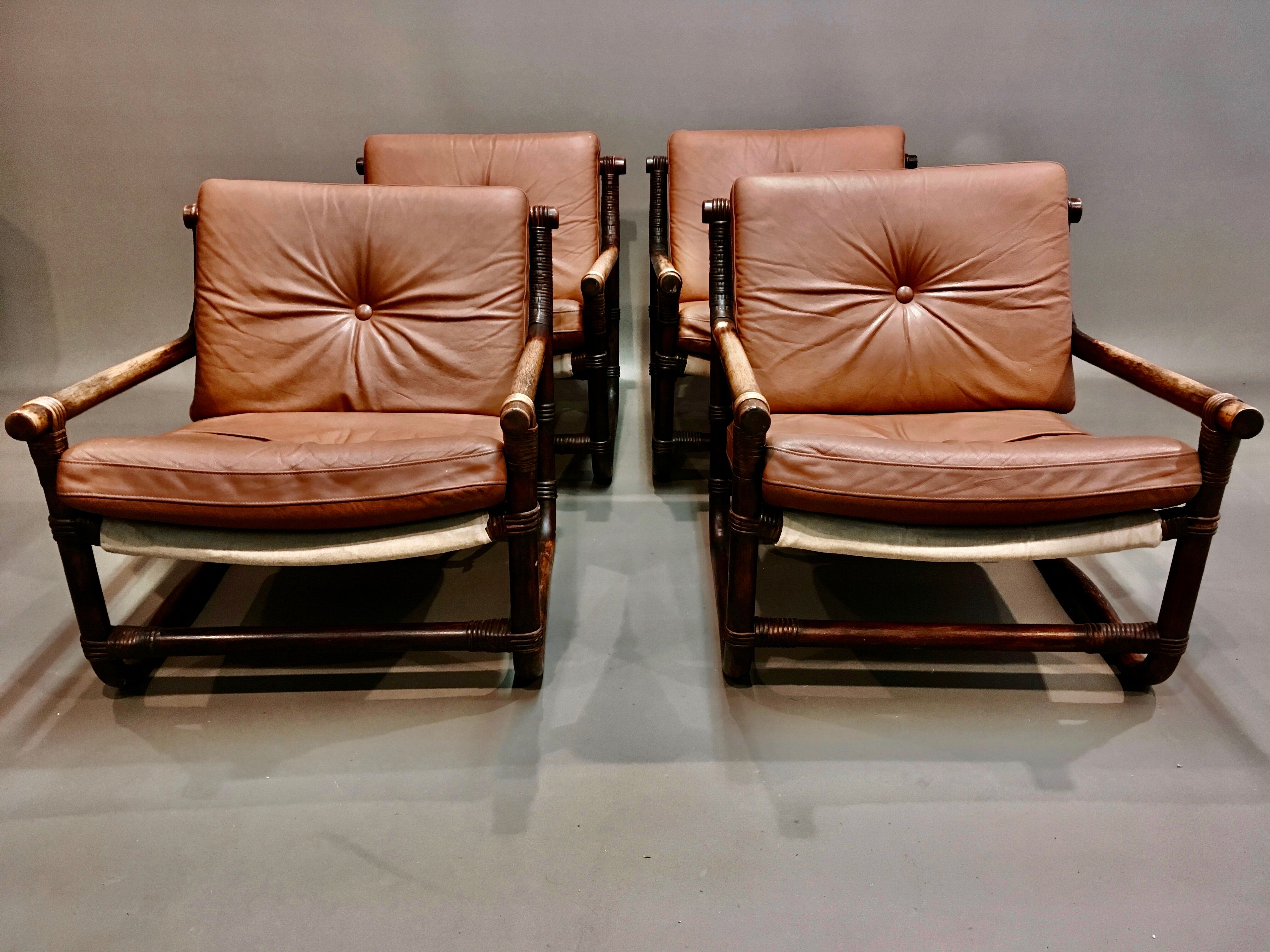 Fauteuil et son ottoman rotin et cuir 1950