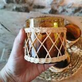4 amber glasses and wicker 1970