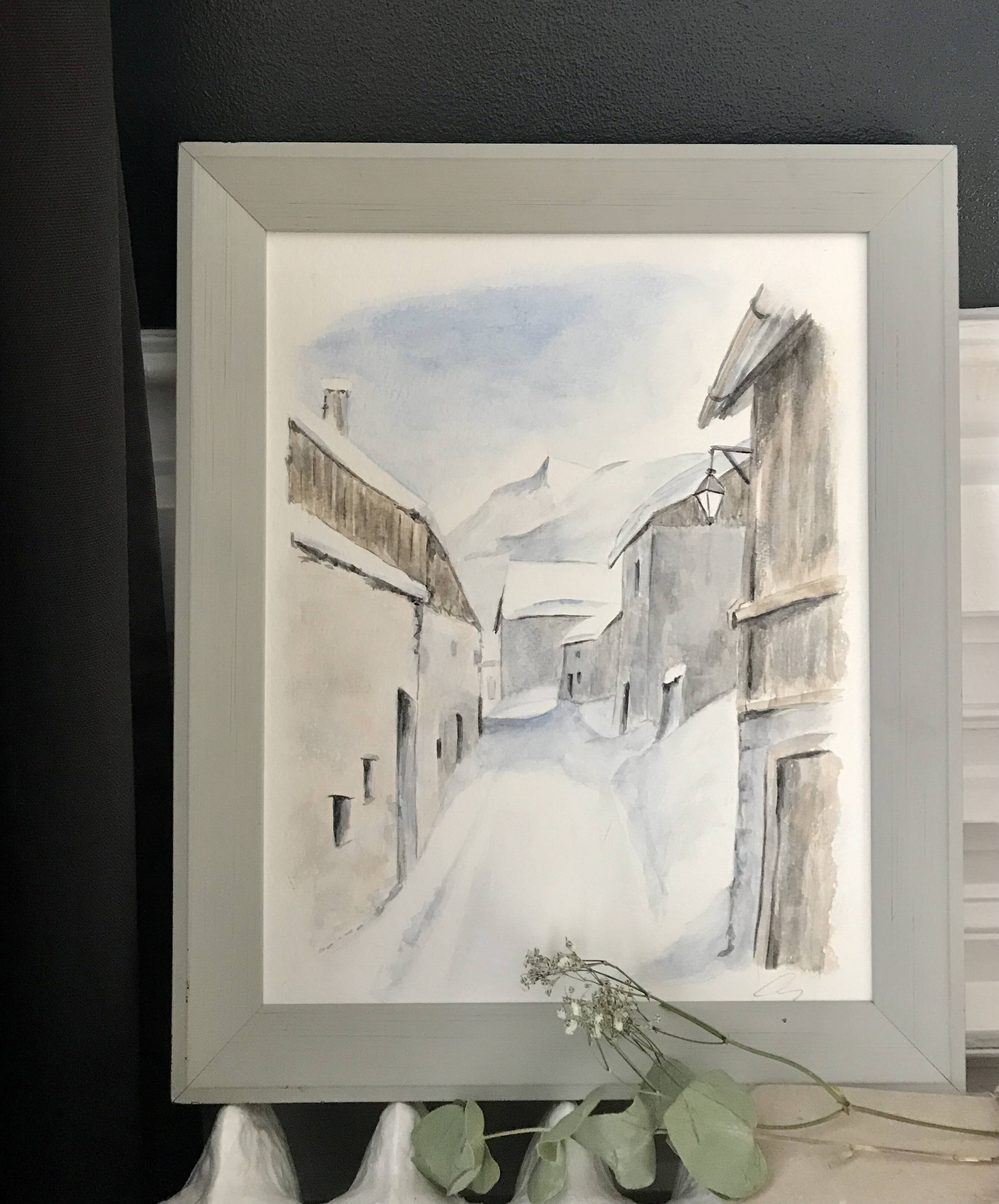 Aquarelle ruelle village montage enneigée