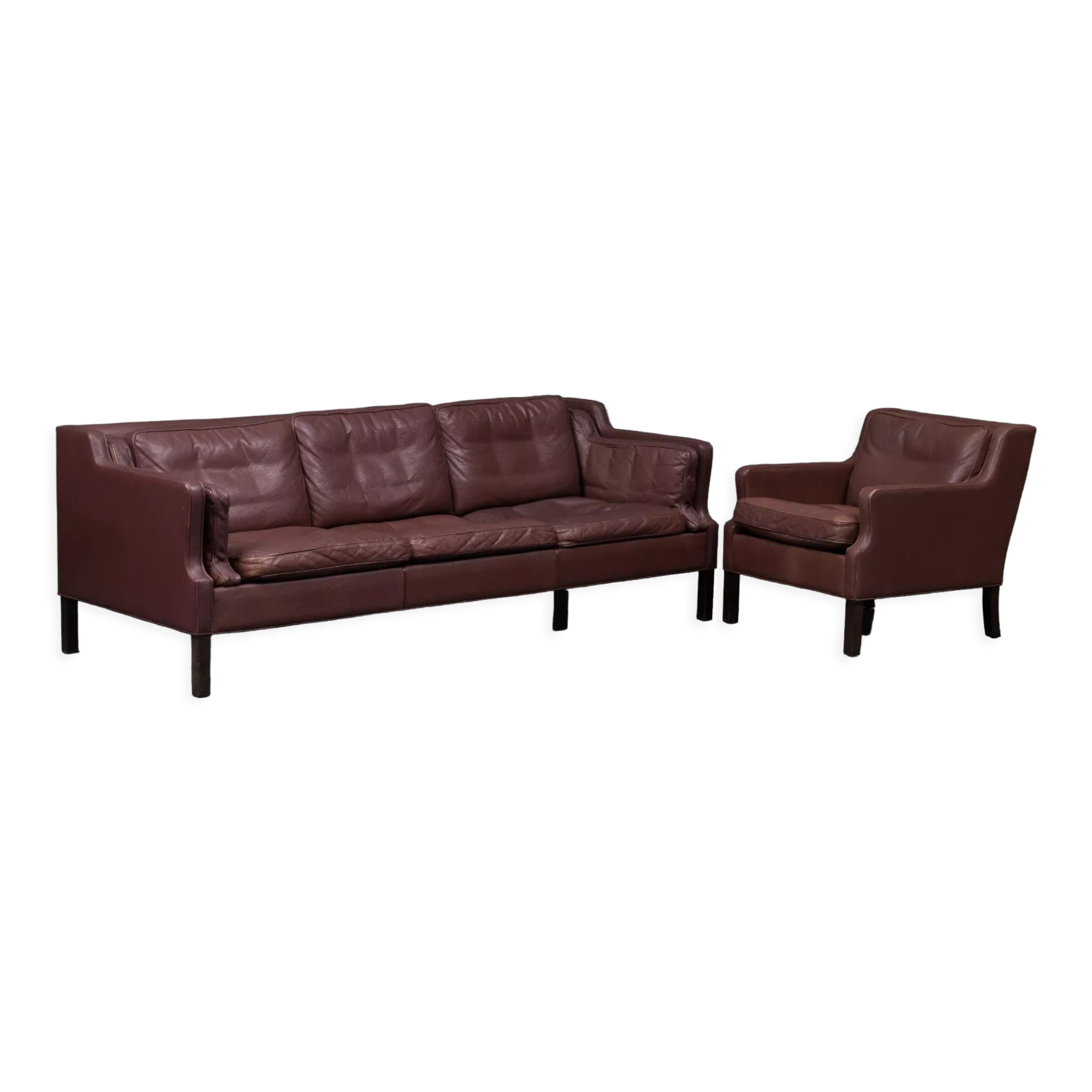 Three-seater leather sofa and one-seater armchair, scandinavian style