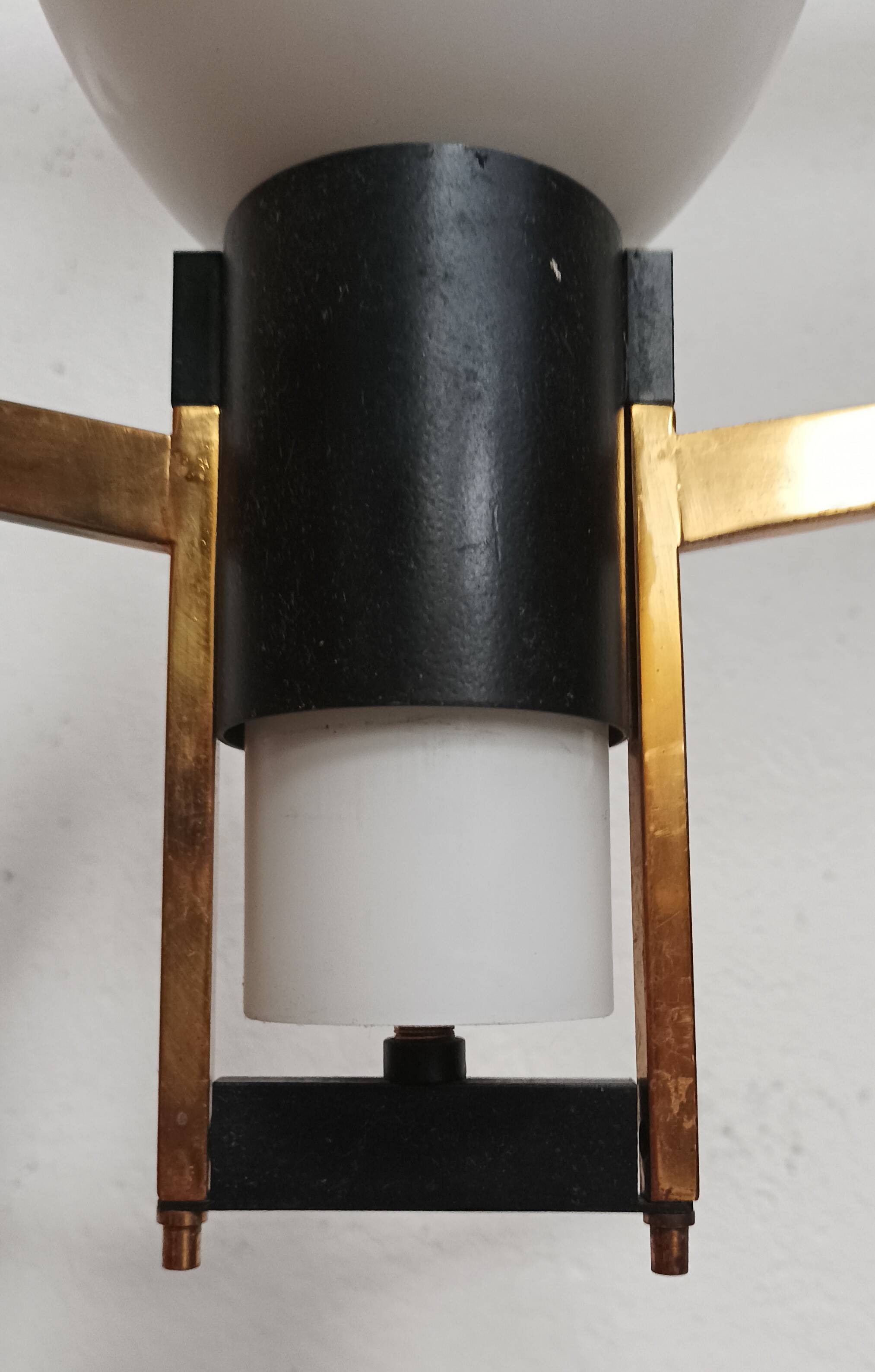 Teak, brass and opaline pendant light, Italy 1960