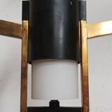 Teak, brass and opaline pendant light, Italy 1960