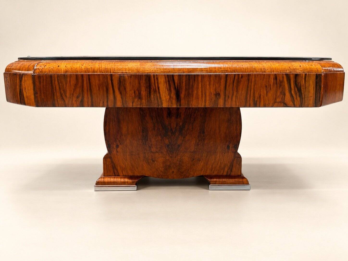 Table extensible Art Déco – Placage ronce de noyer & métal chromé – Années