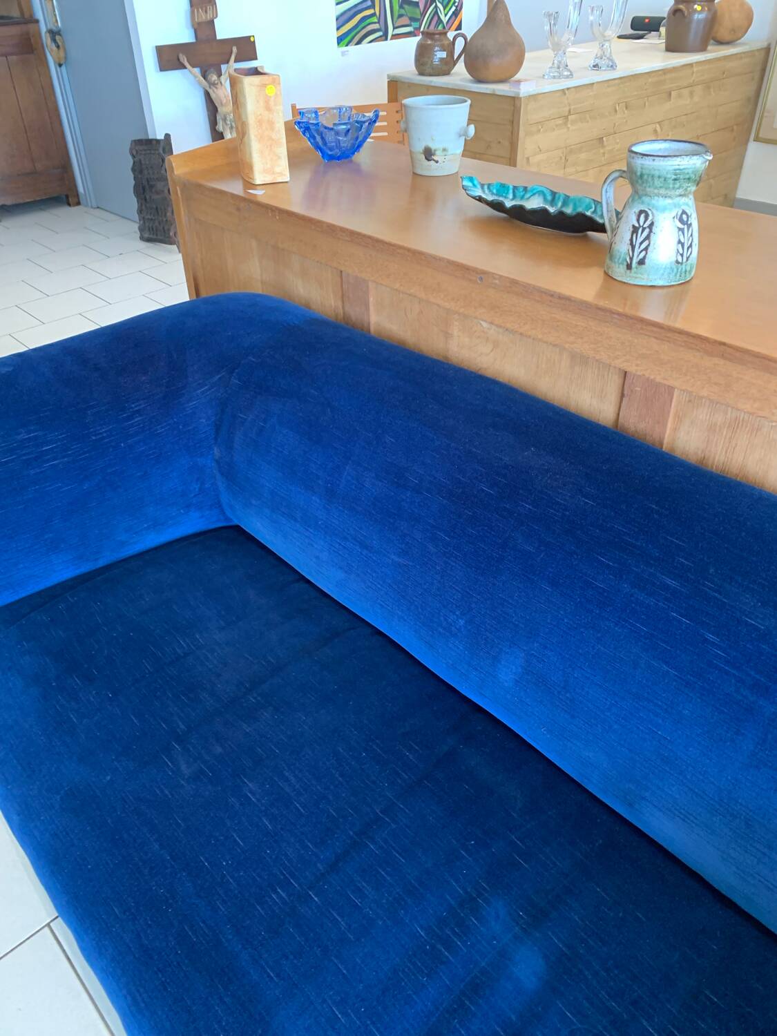 English Velvet Sofa, Blue, Circa 1950s Vintage