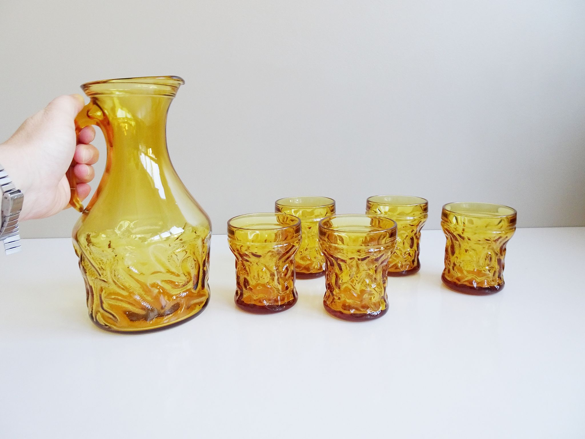 Amber glasses with carafe, italian drinking set 70s