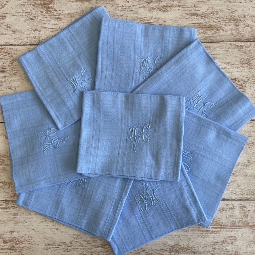 Set of 8 damask napkins dyed in dreamy blue monogrammed MC - cotton - 72x60cm