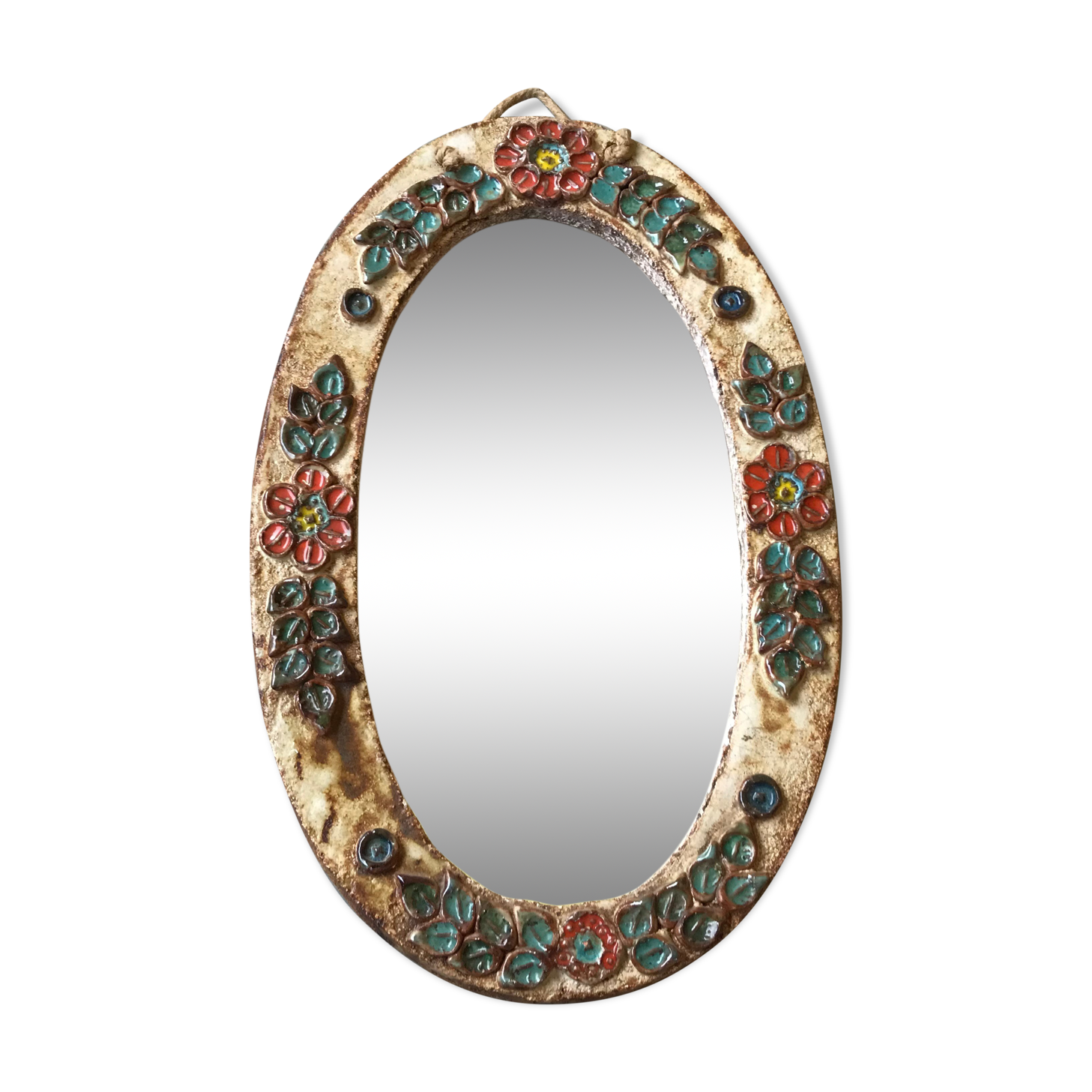 Ceramic mirror decorated with flowers, circa 1960 25x40cm