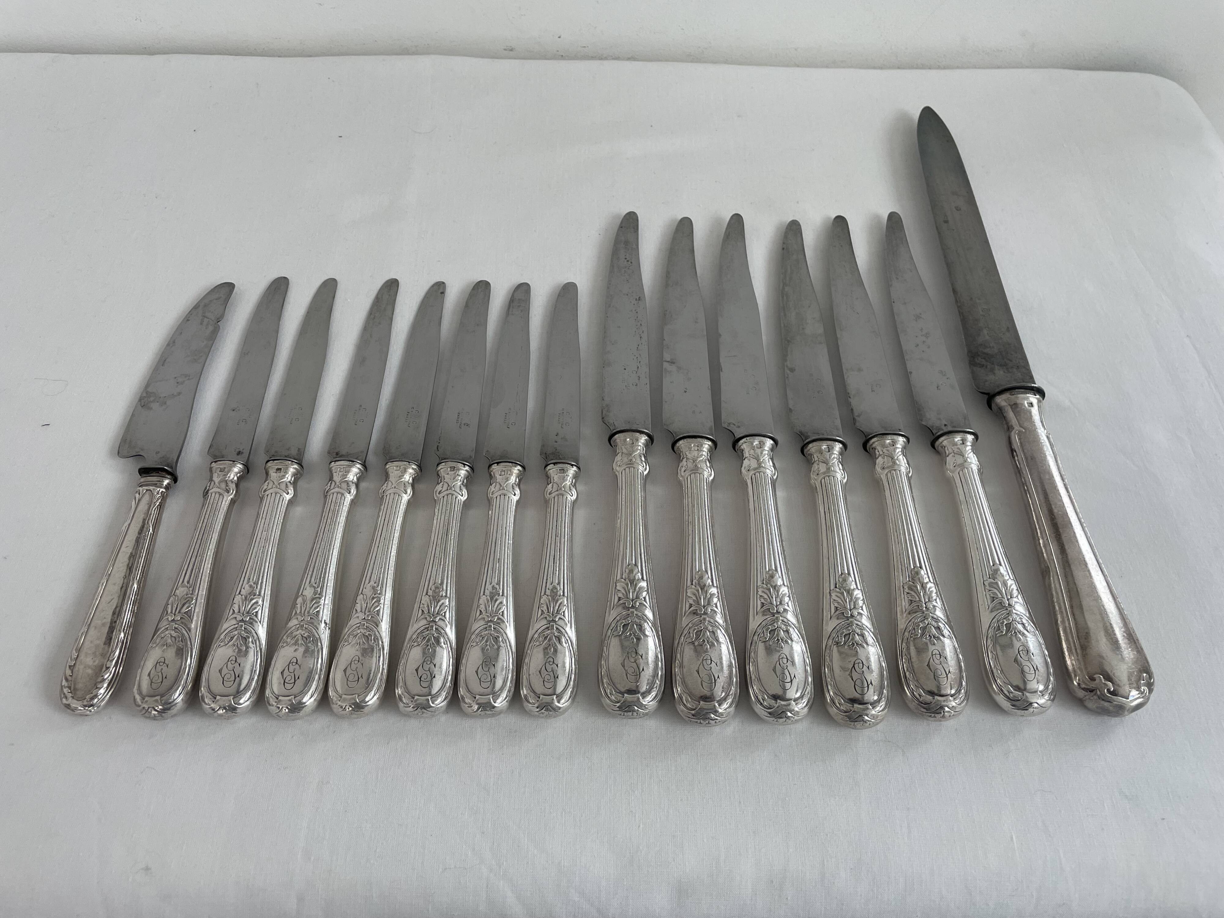 Knife set, Charles Christofle, silver plated metal, Art Nouveau, plant decoration, cheese, large