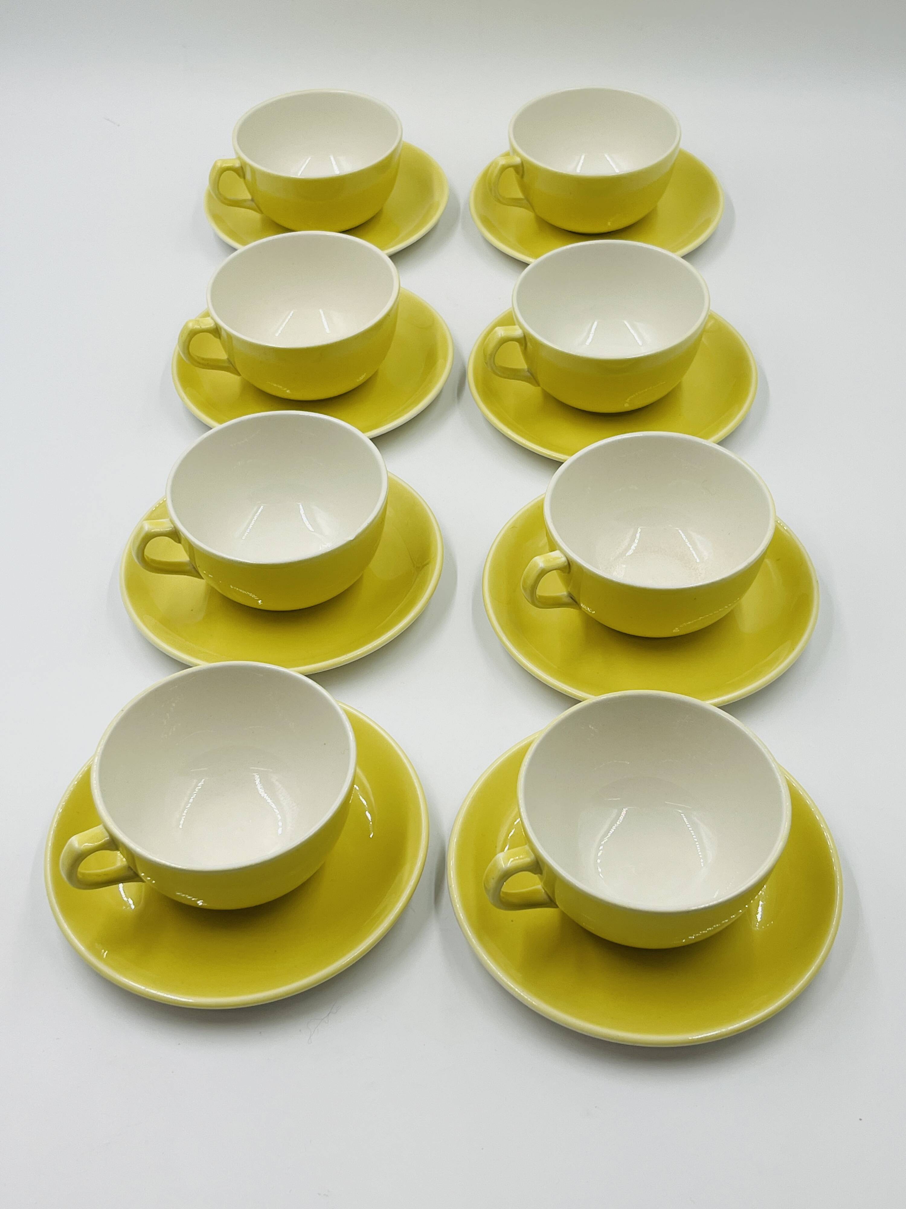 Set of 8 Vintage Boch Frères Yellow Cups and Saucers